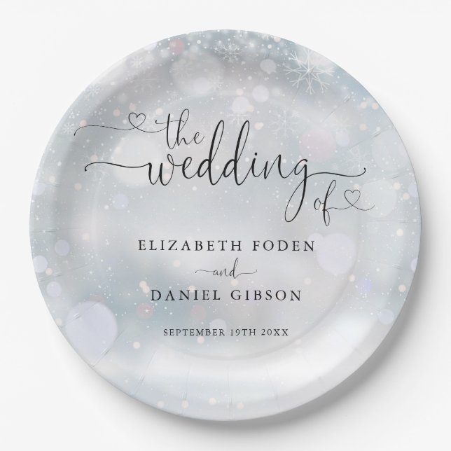 Winter Snowflakes Heart Script Wedding Paper Plates (Front)