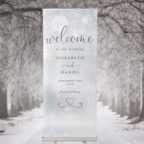 Winter Snowflakes Heart Script Wedding Welcome Retractable Banner