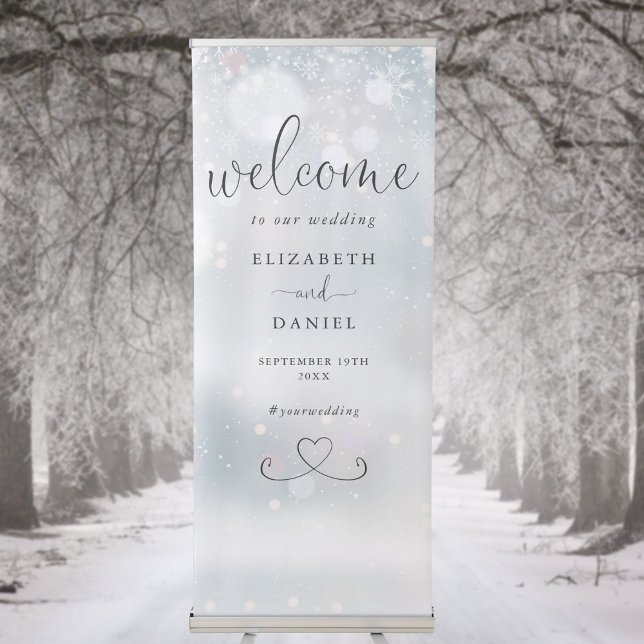 Winter Snowflakes Heart Script Wedding Welcome Retractable Banner (Winter Snowflakes Heart Script Wedding Welcome Retractable Banner)