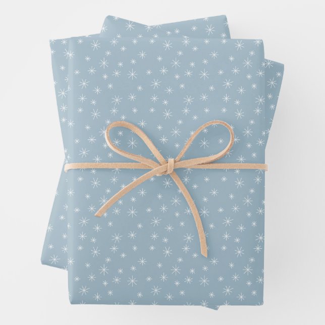 Winter Snowflakes Ice Blue Retro Inspired Wrapping Paper Sheets (In situ)