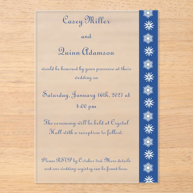 Winter Snowflakes in Blue Acrylic Wedding  Invitations (Front)