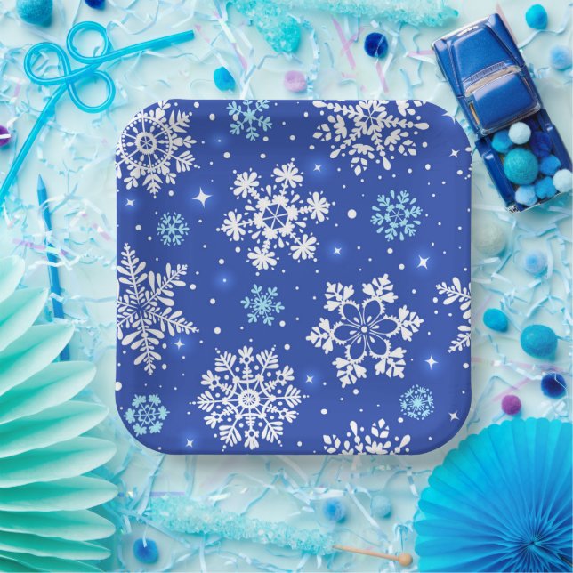 Winter Snowflakes In Blue  Paper Plates (Party)