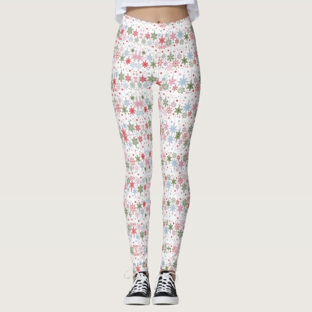 Winter Snowflakes in Holiday Red and Frosty Blue Leggings (Front)