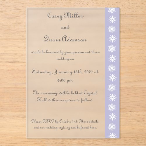 Winter Snowflakes in Lavender Acrylic Wedding Invitations