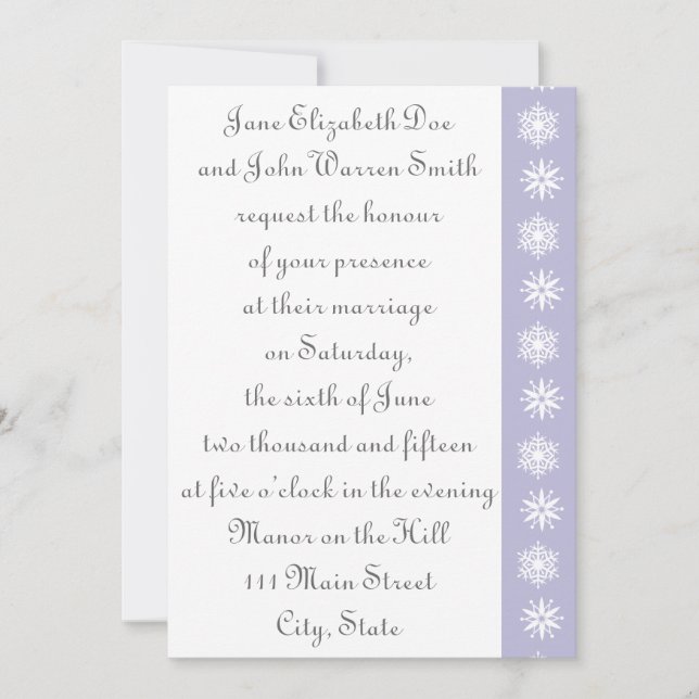 Winter Snowflakes in Lavender Wedding Invitation (Front)