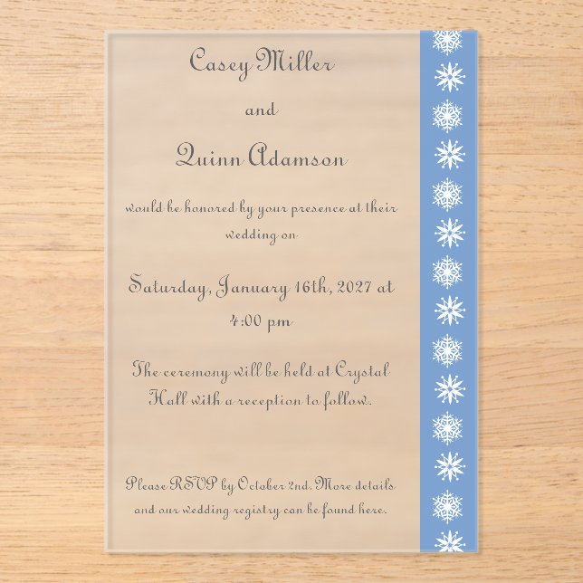 Winter Snowflakes in Periwinkle Acrylic Wedding  Invitations (Front)