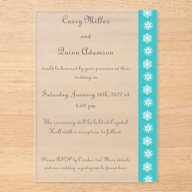 Winter Snowflakes in Turquoise Acrylic Wedding  Invitations (Front)