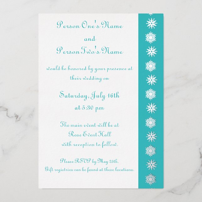 Winter Snowflakes in Turquoise Foil Invitation (Front)
