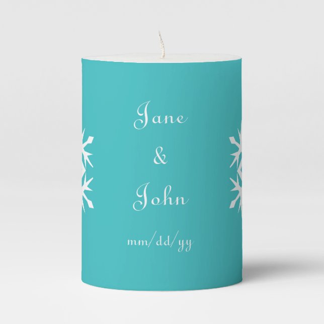Winter Snowflakes in Turquoise  Pillar Candle (Front)