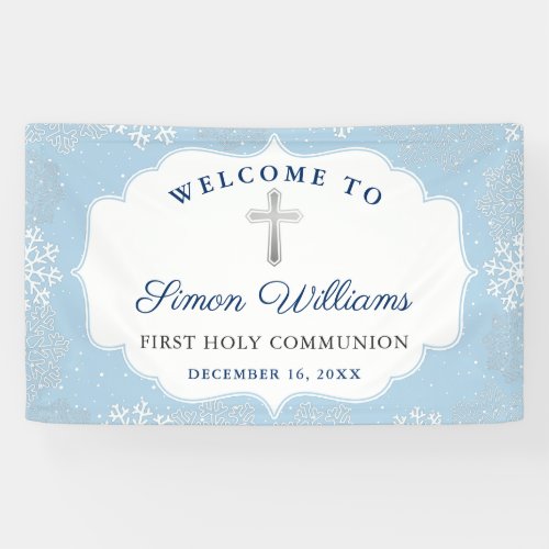 Winter Snowflakes Light Blue First Holy Communion Banner