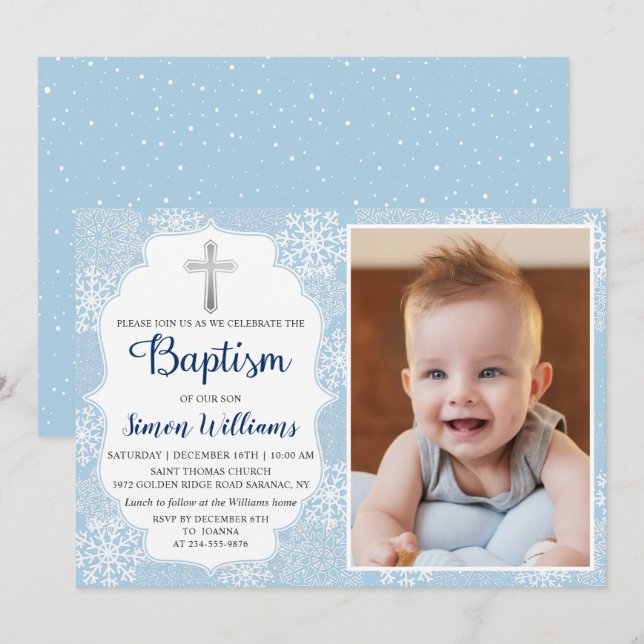 Winter Snowflakes Light Blue Silver Baptism Photo Invitation (Front/Back)