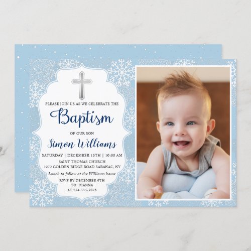 Winter Snowflakes Light Blue Silver Baptism Photo Invitation