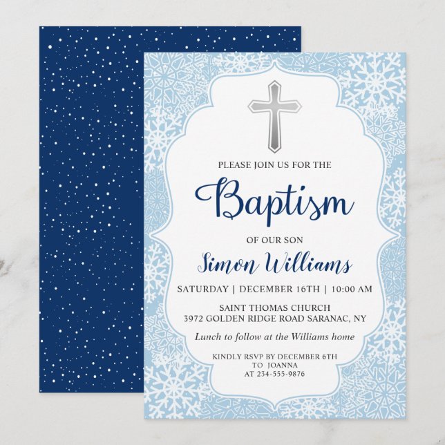 Winter Snowflakes Light Blue Silver Boy Baptism Invitation (Front/Back)