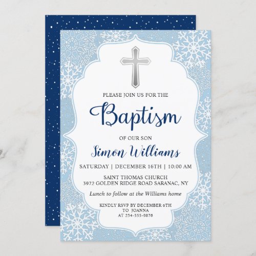 Winter Snowflakes Light Blue Silver Boy Baptism Invitation