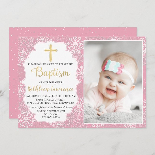 Winter Snowflakes Light Pink Gold Baptism Photo Invitation (Front/Back)