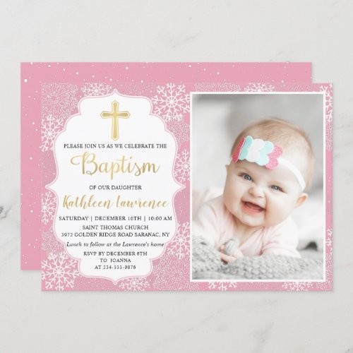 Winter Snowflakes Light Pink Gold Baptism Photo Invitation