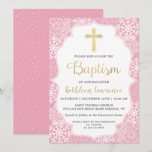 Winter Snowflakes Light Pink Gold Girl Baptism Invitation (Front/Back)