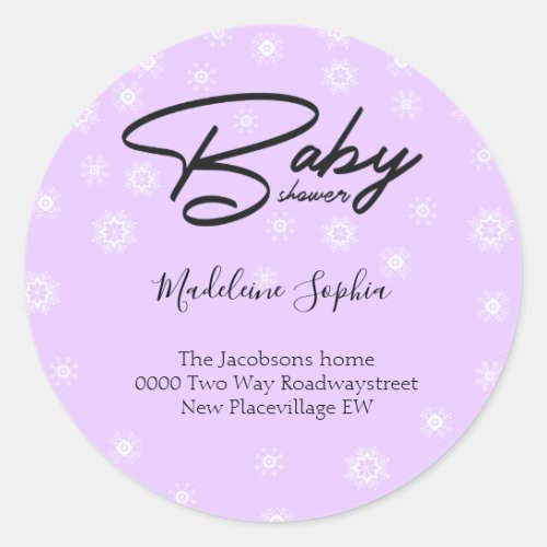 Winter snowflakes lilac baby shower  classic round sticker