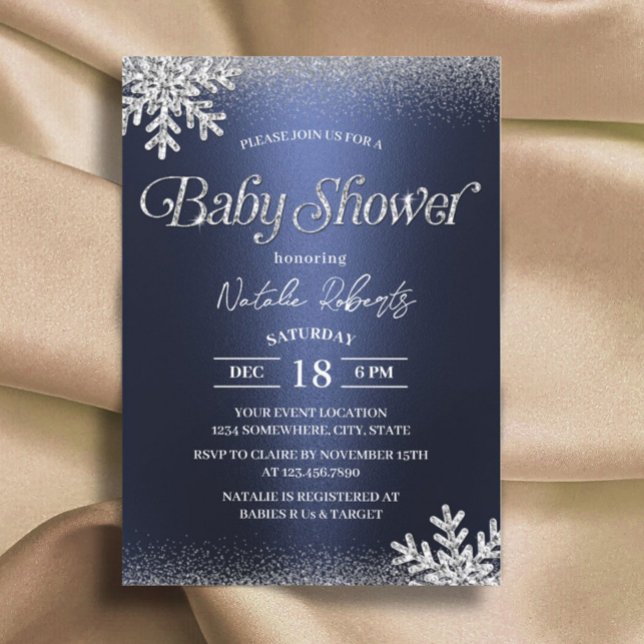 Winter Snowflakes Modern Navy Blue Baby Shower Invitation (Creator Uploaded)