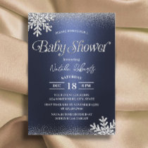 Winter Snowflakes Modern Navy Blue Baby Shower Invitation