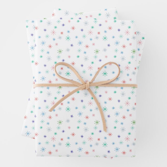 Winter Snowflakes Multicolor Retro Inspired Wrapping Paper Sheets (In situ)