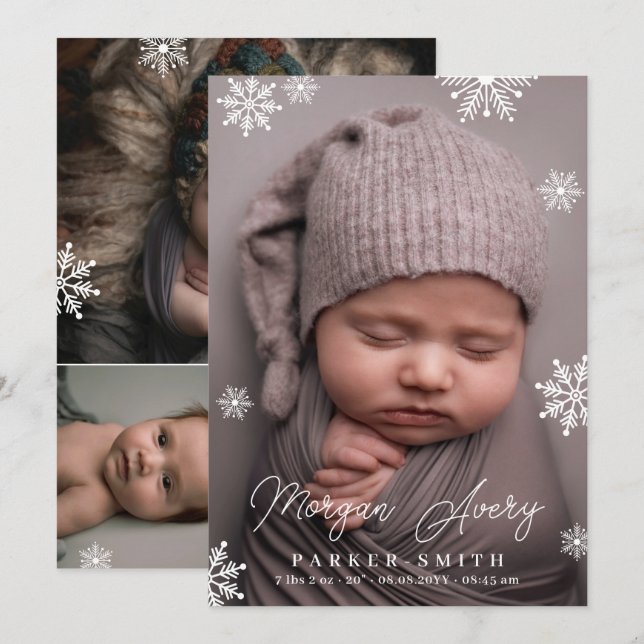 Winter Snowflakes Name Signature Script New Baby Announcement (Front/Back)