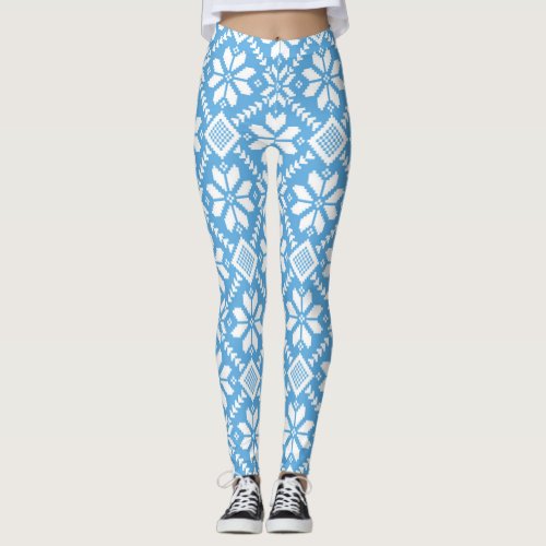 Winter Snowflakes Nordic Knit Sweater Blue White Leggings