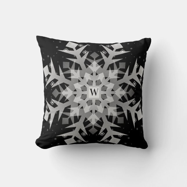 Winter Snowflakes on Black Square Throw Pillows (Front)