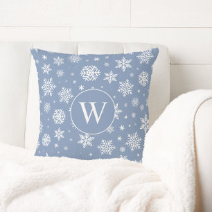 Winter Snowflakes on Light Blue Monogram Throw Pillow