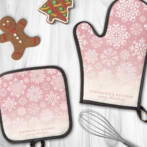 Winter Snowflakes On Pink Cute Ombre Christmas Oven Mitt &Amp;Amp; Pot Holder Set