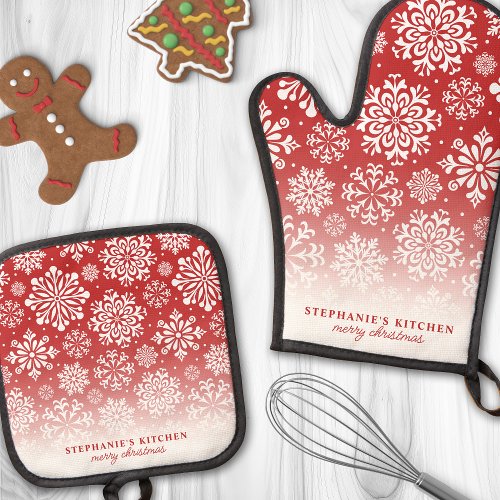 Winter Snowflakes On Red Cute Ombre Christmas Oven Mitt &Amp;Amp; Pot Holder Set