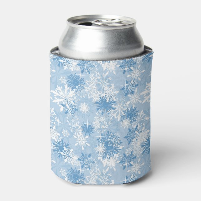 Winter snowflakes pattern on blue can cooler (Can Front)