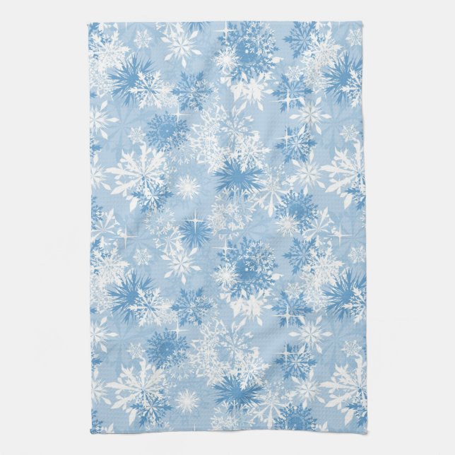 Winter snowflakes pattern on blue kitchen towel (Vertical)