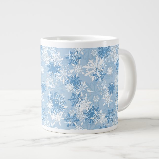Winter snowflakes pattern on blue large coffee mug (Front Right)