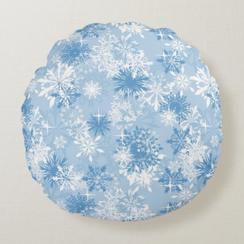 Winter snowflakes pattern on blue round pillow