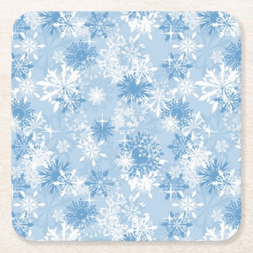 Winter snowflakes pattern on blue square paper coaster
