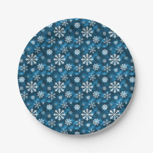 Winter Snowflakes Pattern On Cool Blue Background Paper Plates