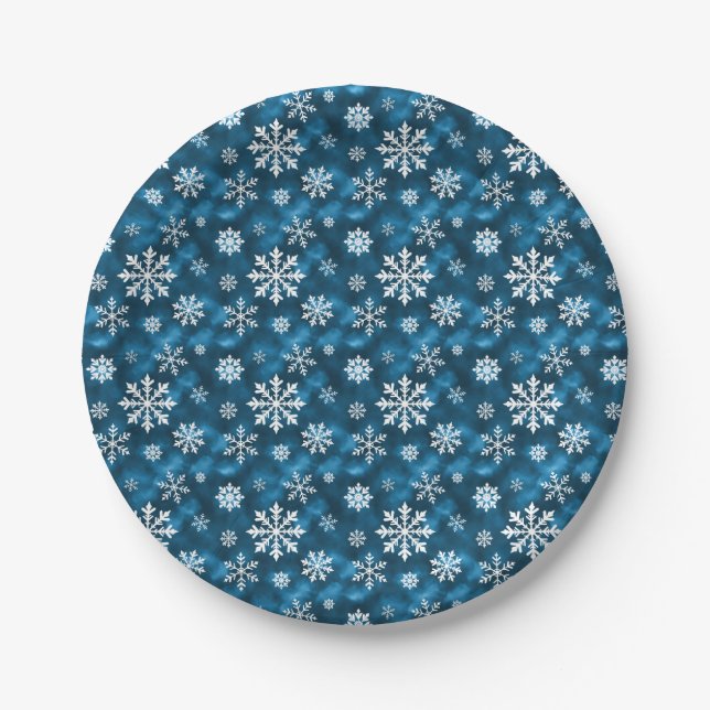 Winter Snowflakes Pattern On Cool Blue Background Paper Plates (Front)