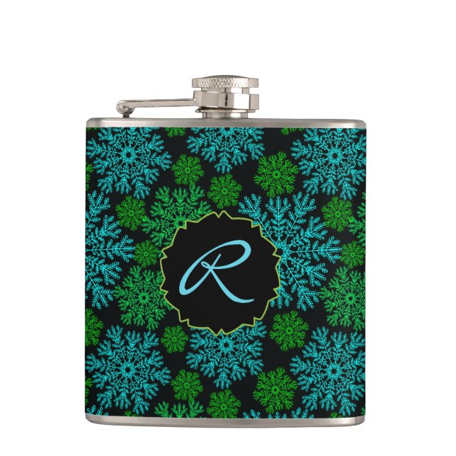 Winter Snowflakes Pattern with Monogram Flask (Front)