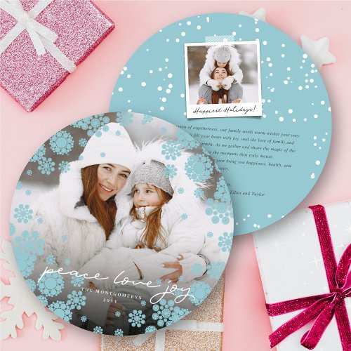 Winter Snowflakes Peace Love Joy Elegant Photo Holiday Card