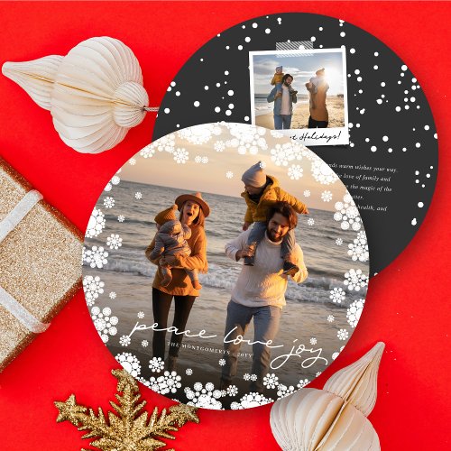 Winter Snowflakes Peace Love Joy Elegant Photo Holiday Card