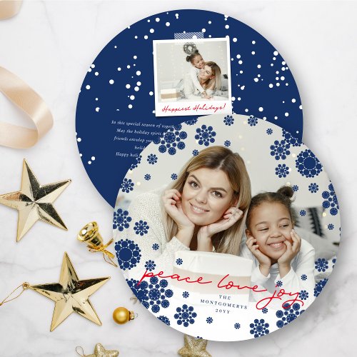 Winter Snowflakes Peace Love Joy Elegant Photo Holiday Card