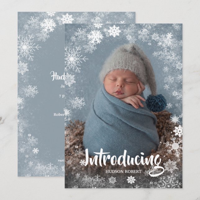 Winter Snowflakes Photo Birth Announcements (Front/Back)