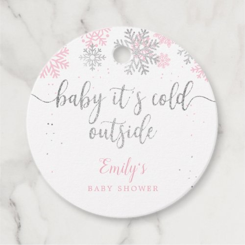 Winter Snowflakes Pink And Silver Girl Baby Shower Favor Tags