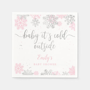 Winter Snowflakes Pink And Silver Girl Baby Shower Napkins