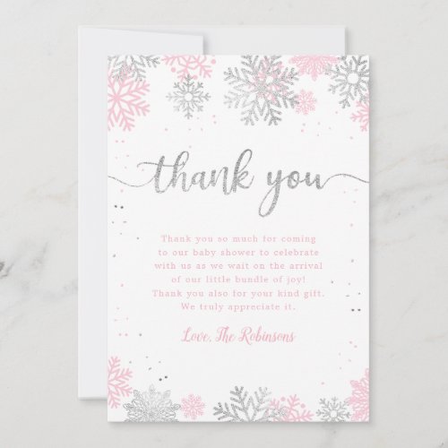 Winter Snowflakes Pink And Silver Girl Baby Shower Thank You Card