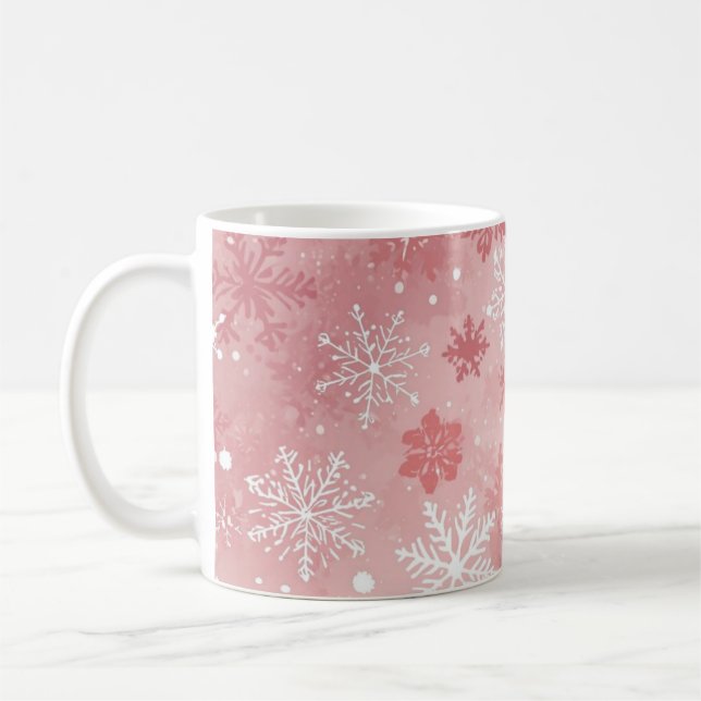 Winter Snowflakes Pink and White Coffee Mug (Left)