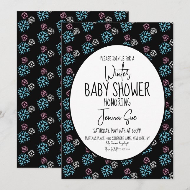 Winter Snowflakes Pink Blue Baby Shower Black Invitation (Front/Back)