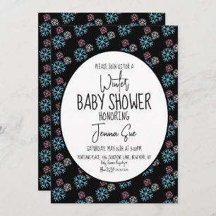 Winter Snowflakes Pink Blue Baby Shower Black Invitation