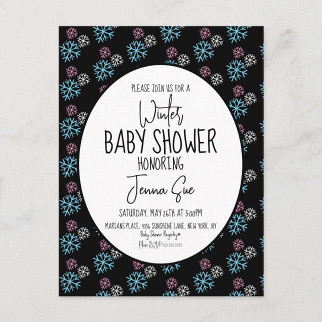 Winter Snowflakes Pink Blue Baby Shower Black  Postcard (Front)